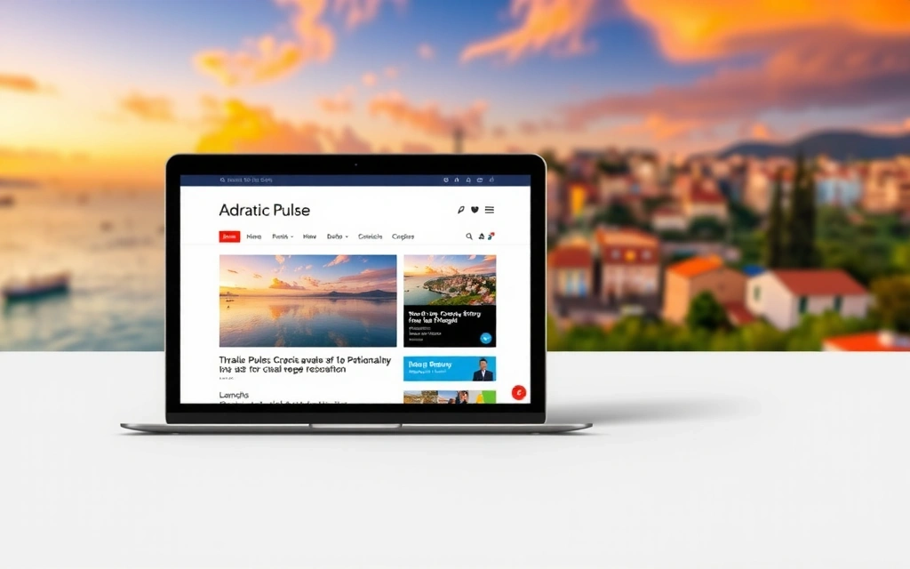 Immagine di un sito web di notizie che si carica su un laptop con lo sfondo di una città costiera adriatica