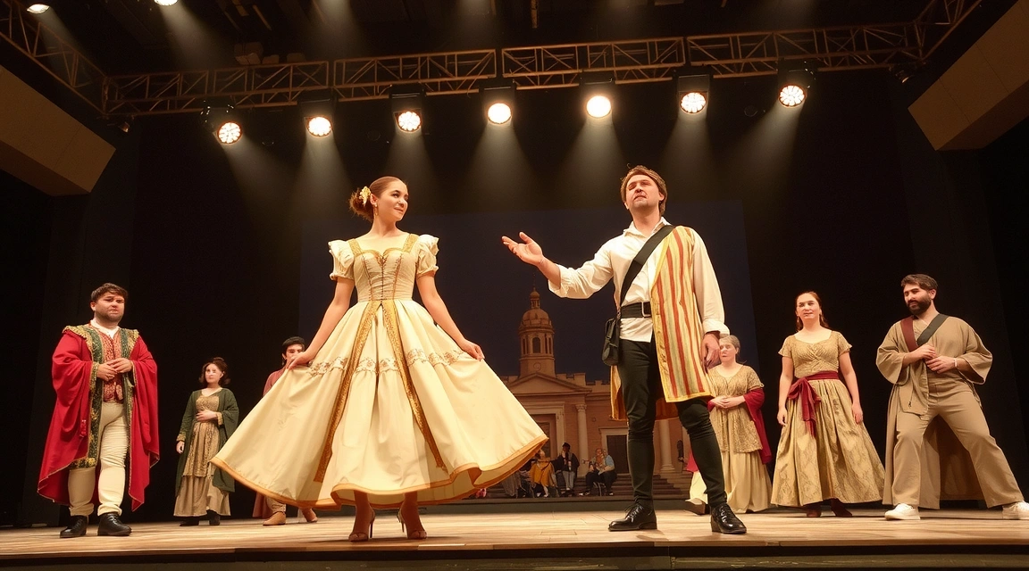 Attori che si esibiscono su un palco teatrale con costumi storici