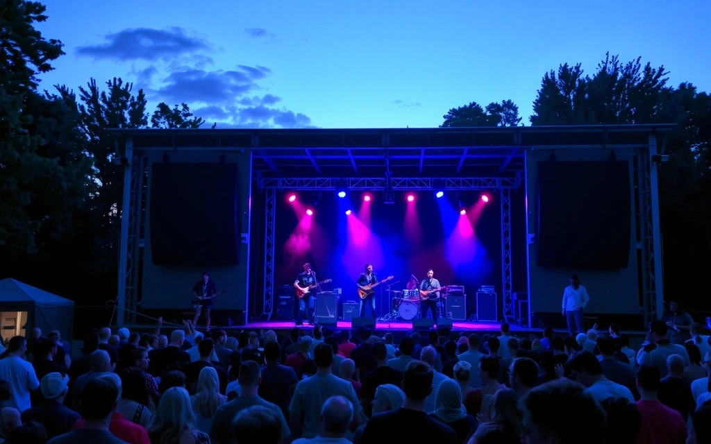 Un palco di un festival musicale all'aperto con luci e folla