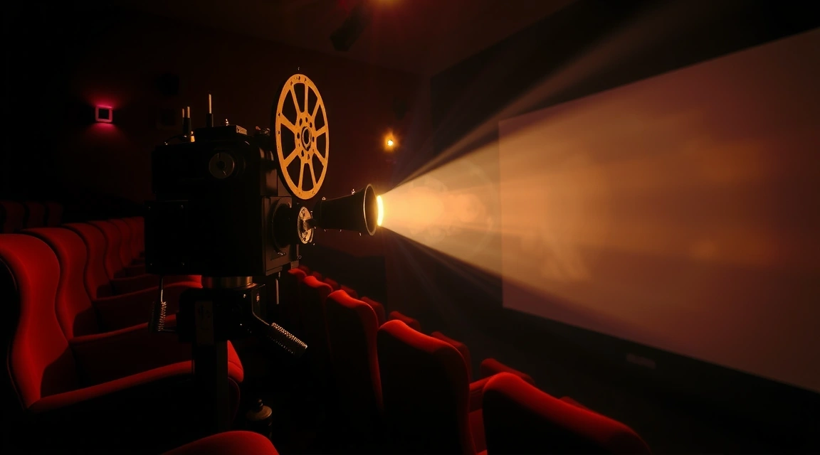 Un proiettore cinematografico che illumina lo schermo in una sala buia