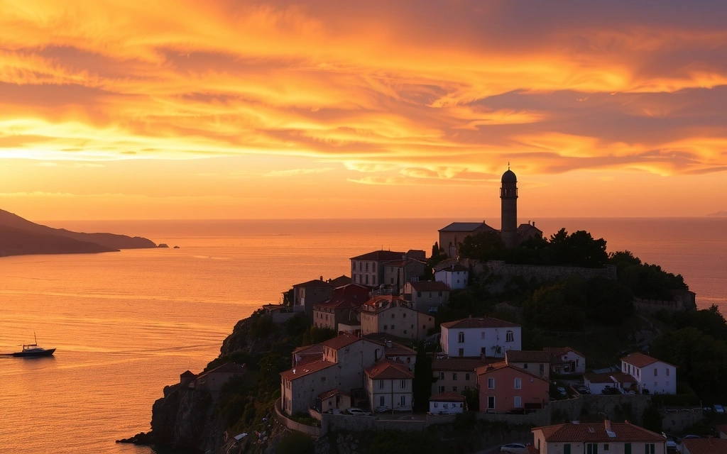 Una scena da un film che mostra un paesaggio costiero adriatico al tramonto