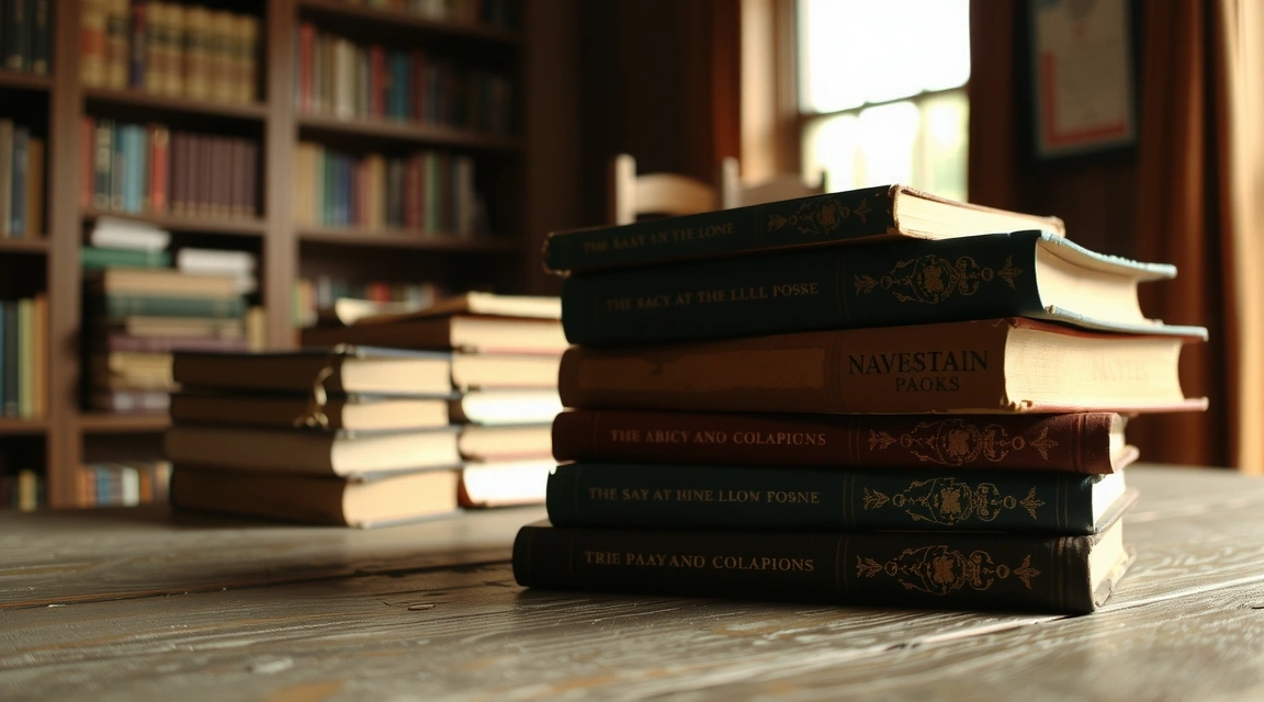 Una pila di libri antichi in una biblioteca illuminata dal sole