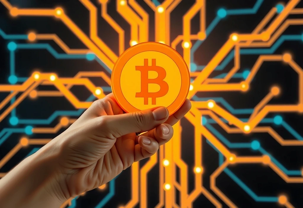 Mano che tiene una moneta digitale su uno sfondo di circuiti elettronici