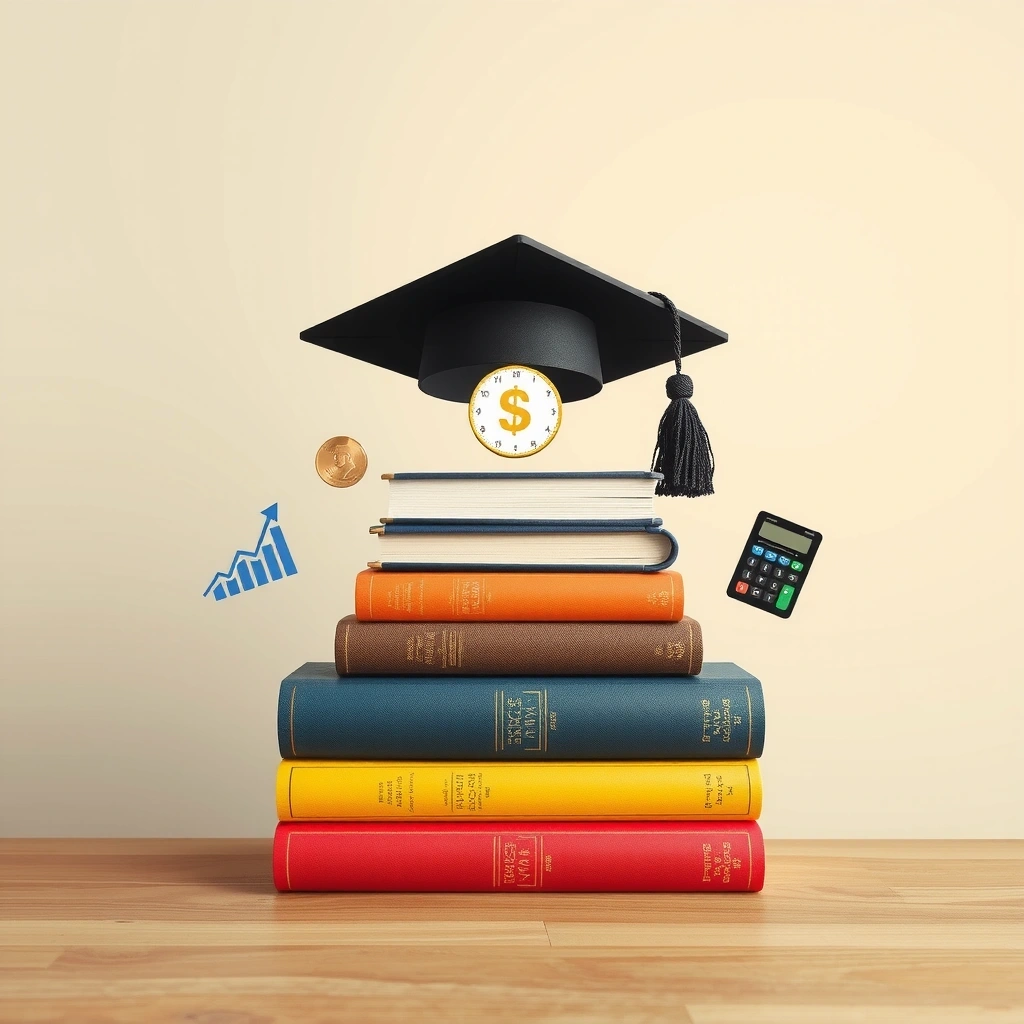 Pila di libri con un berretto da laurea e simboli finanziari fluttuanti