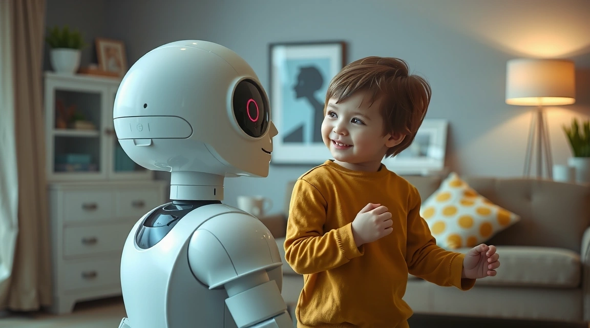 Immagine di un robot umanoide che interagisce con un bambino