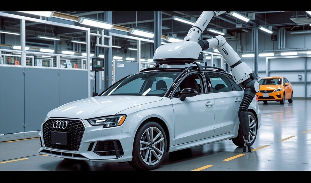 Miniatura di un robot che costruisce un'auto