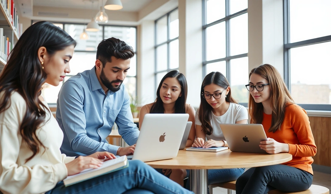 Miniatura di un gruppo di giovani che studiano in una biblioteca moderna