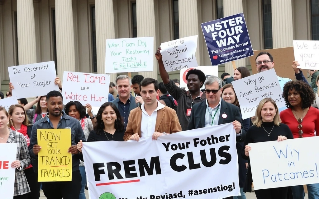 Gruppo di persone che manifestano con striscioni e cartelli