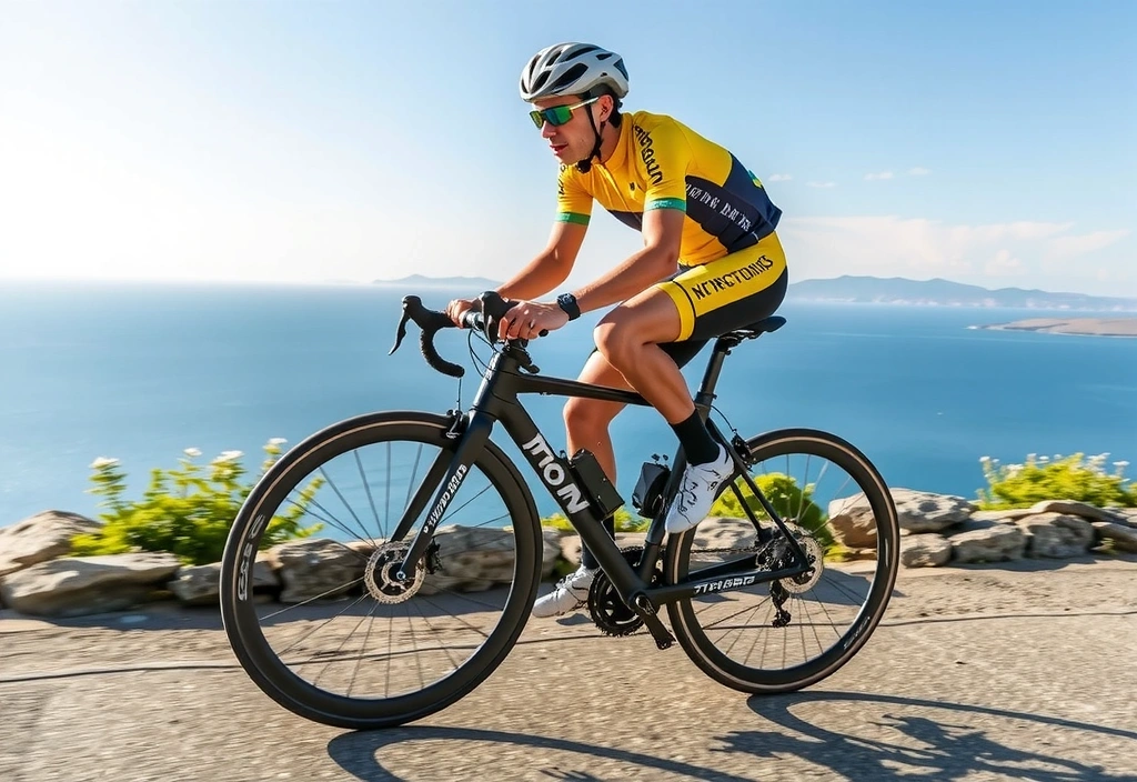 Ciclista in gara su una strada costiera con il mare sullo sfondo