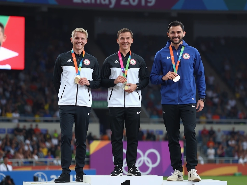 Podio di premiazione con atleti che ricevono medaglie