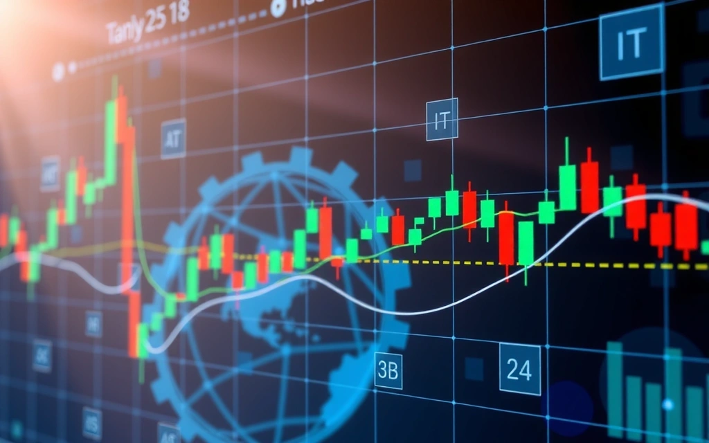 Grafico finanziario digitale con candele verdi e rosse su uno sfondo scuro
