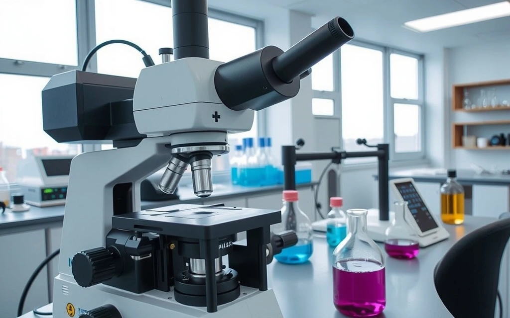 Microscopio elettronico in un laboratorio di ricerca con fiale e provette