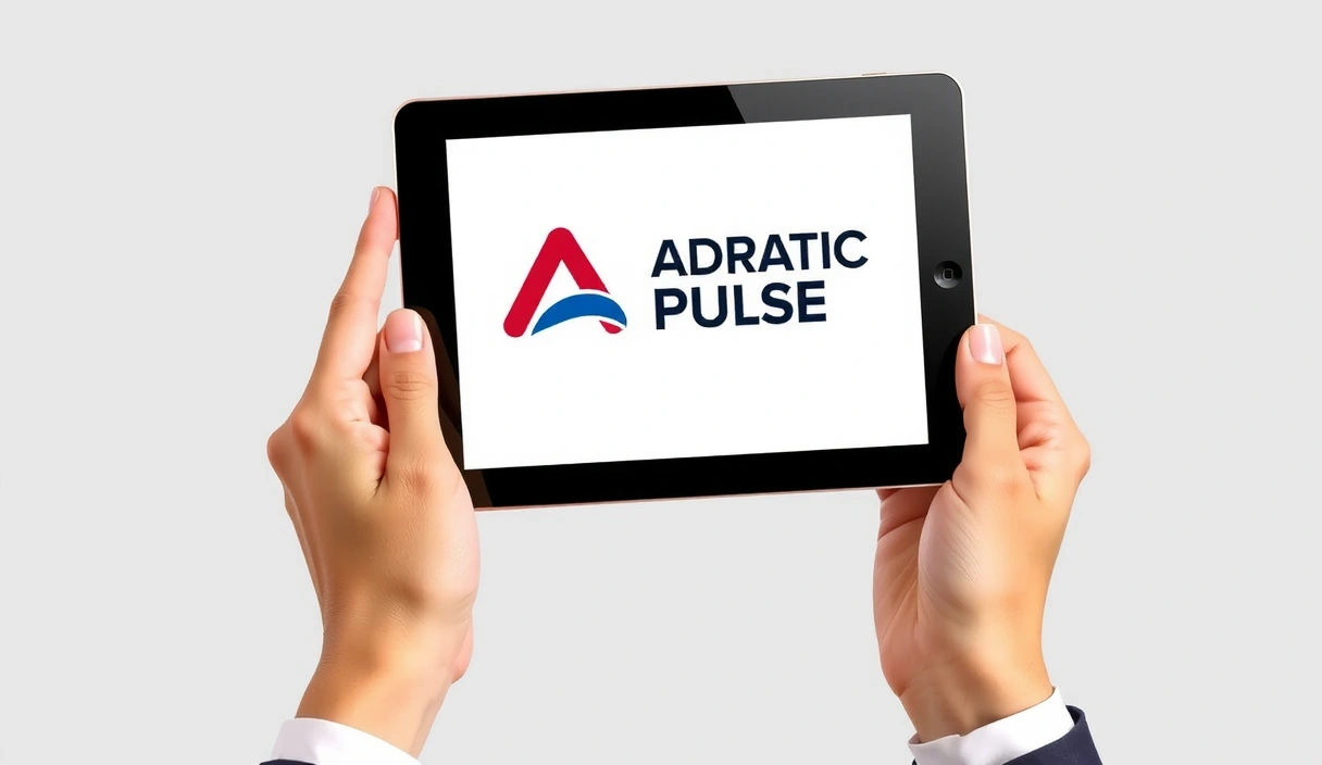 Mani che stringono un tablet con il logo di Adriatic Pulse, a simboleggiare l'accordo e la connessione.