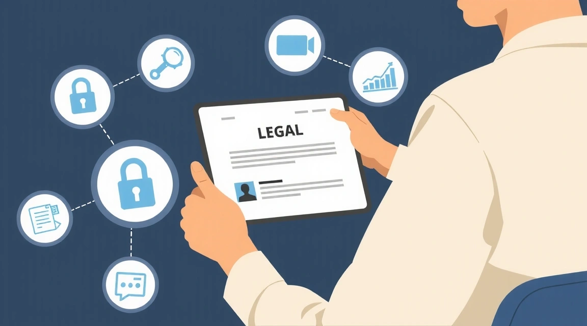 Persona che legge un documento legale su un tablet, circondata da icone di sicurezza e fiducia.